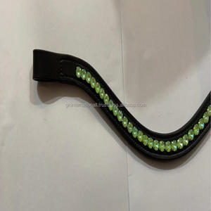 Equipo de caballo hecho a mano personalizado, banda de cuero genuino negro, canal vacío, verde claro, cristales ostentosos - Product Image 3