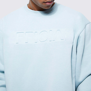 Sweat-shirt bleu clair avec logo en relief pour homme, col rond surdimensionné, pull personnalisé en molleton, OEM ODM, streetwear - Product Image 5