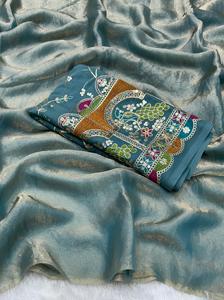 ชุดส่าหรีผ้าไหมผ้าซาตินเนื้อนิ่มแบบพรีเมี่ยมพร้อมผ้าปักขอบและเสื้อเบลาส์ดีไซเนอร์ - Product Image 5