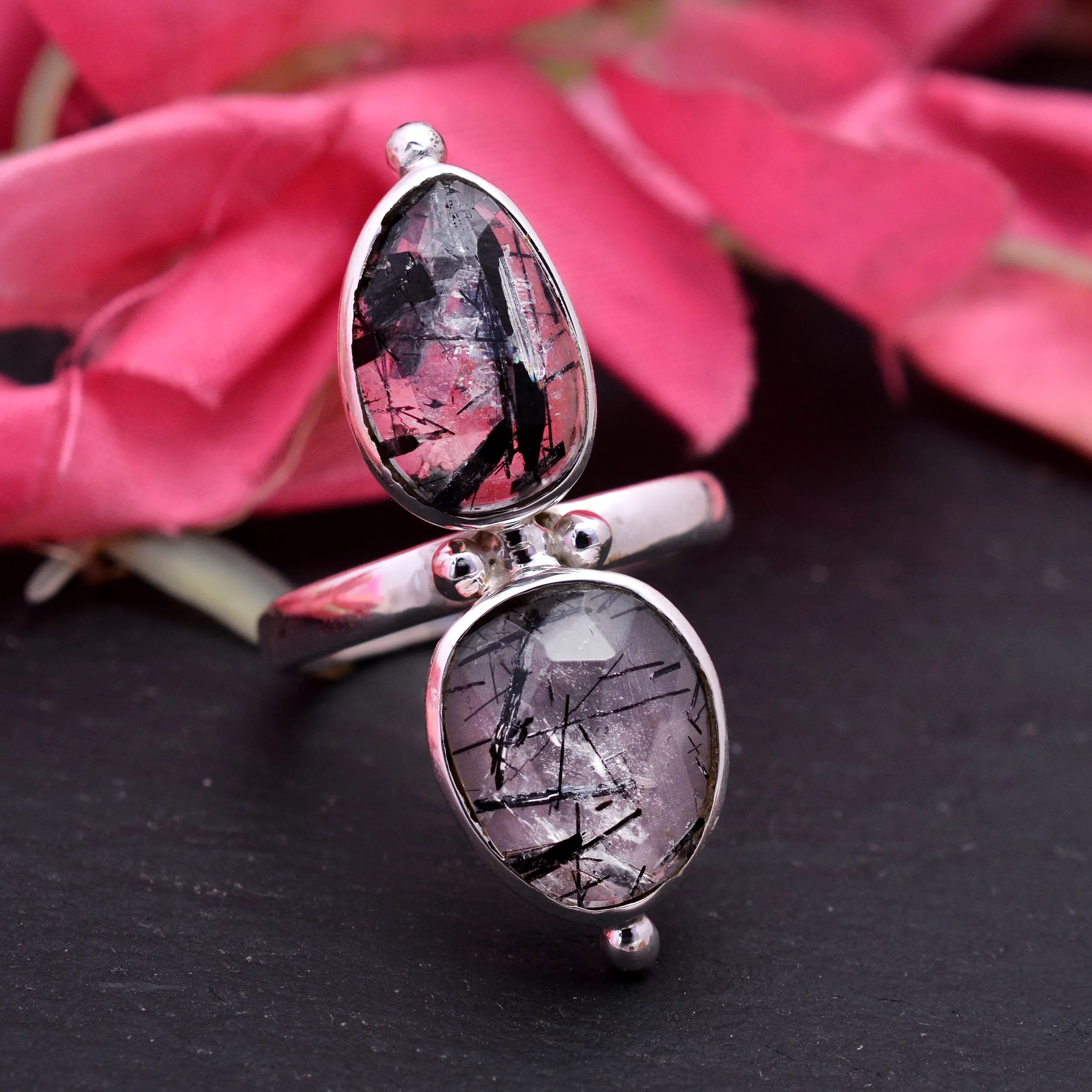 Christmas gift 925 Solid Silver Black Rutile Quartz 12x9mm oval Double Gemstone Ring 5.22 gms Sterling Silver girl finger rings