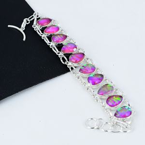 Pulsera de Plata de Ley 925 Hecha a Mano con Ópalo de Fuego Triple Rosa, Estilo Vintage, Unisex, Certificada por Terceros, Engaste en Bisel - Product Image 1