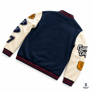 SINEWY SPORTS <b>Men's</b> Navy Varsity <b>Jacket</b> Embroidered Patch Design Preppy Style Cotton Shell Regular Fit Autumn Wear - Product Image 2