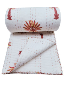 100% Cotton Vintage Kantha <b>Quilt</b> Reversible Floral Bed Cover Queen Size Modern Style Palm Tree Print <b>Throws</b> Blanket Bedding Set - Product Image 5