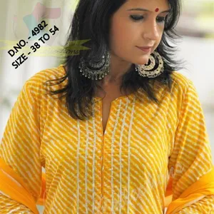 Salwar Kameez Gaun Wanita Lengan 3/4 Kuning Motif Bunga Kain Katun 3351