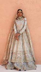 Beautiful Bridal Anarkali Lehenga & <b>Dupatta</b> Dress 2024 Embellished with Crystal Glass Beads Dabka Work Made of Silk - Product Image 2