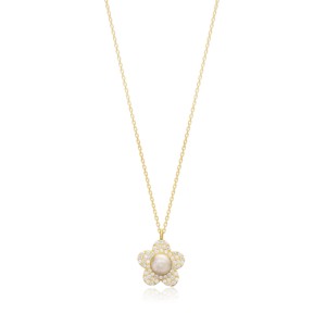 Collier avec pendentif en forme de fleur de 13 mm en zircon transparent et nacre, fabrication artisanale turque, vente en gros, argent sterling 925 - Product Image 1