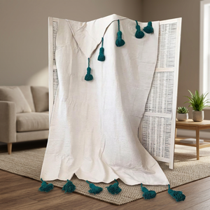 Bohemian Cotton Throw <b>Blanket</b> Solid White Teal Tassels Rectangular Woven Decorative Bedding Home All-Season - Product Image 4