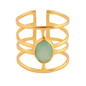 Boho Cincin Boho Wanita Boho, Cincin Pertunangan Bohemia Oval Aqua Kalsedon Besar Berlapis Emas 24K