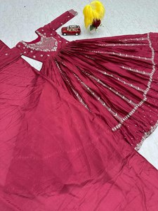 Maravilloso color/trabajo de secuencia múltiple de longitud larga pura seda Chinon verano comodidad elegante señora vestidos de fiesta con conjunto Dupatta - Product Image 3
