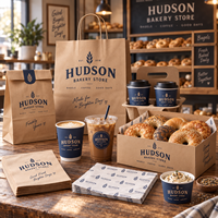 Ensemble d'emballages personnalisés pour boulangerie AT PACK avec sacs en papier, boîtes à gâteaux, gobelets à café, porte-boissons, papier d'emballage et serviettes pour café