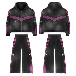 Ensemble survêtement vintage de haute qualité 2025, sweat-shirt et pantalon de survêtement délavés, fermeture éclair, pantalon évasé personnalisé, lavage à l'acide, pour hommes - Product Image 1