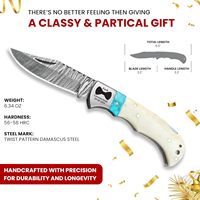 Couteau de poche pliant en acier Damas forgé à la main, étui en cuir, cadeau, personnalisable OEM, chasse en extérieur, haute durabilité 58HRC Drop