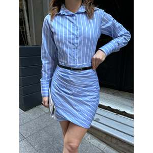 Vestido Midi Azul con Cinturón de Mezcla de Algodón para Mujer Mybeefashion, con Mangas Largas - Estilo Casual Elegante para Uso Diario - Product Image 1