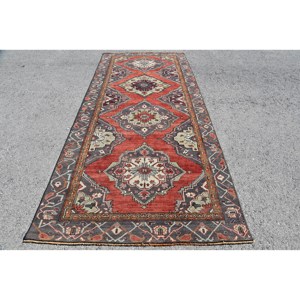 Alfombra Kilim de lana roja y gris clásica, diseño de retazos Rectangular de 4,8x11,1 pies para entrada, sala de estar, 10mm de espesor, nuevo estilo - Product Image 1