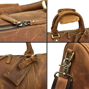 Genuine Leather Foldable Portable Weekender <b>Duffel</b> <b>Bag</b> with Large Capacity Vintage Style Waterproof Zipper Closure for Travel - Product Image 6