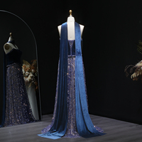Jancember LSZ193 Robe de Soirée de Luxe Deux Pièces en Velours Bleu Perlé avec Foulard pour Femmes Arabes, Invitée de Mariage ou Cérémonie