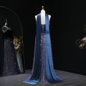 Jancember LSZ193 <span class=keywords><strong>Vestido</strong></span> de Noche Lujoso de Dos Piezas en Terciopelo Azul con Pedrería y Bufanda para Mujeres Árabes Invitadas a Bodas y Fiestas - Product Image 4