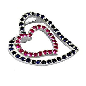 Pendentif double cœur en argent 925 avec rubis et saphir, serti griffe, bijoux fins - Product Image 1
