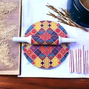 Juego de Chakla Belan Decorativo Hecho a Mano |   Rodillo de Madera Ecológico con Diseño Floral |   Apto para Microondas, Tradicional - Product Image 3