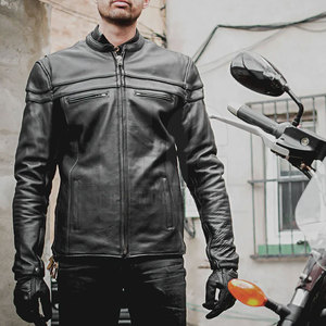 Veste de moto en cuir véritable pour hommes, manteau de motard noir à col montant et fermeture éclair coupe-vent - Product Image 4