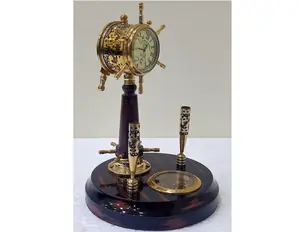 Handmade Nautical Table Top Ship Telegraph Clock With 2 Pens Holder And Compass Ship wheel Design on Wooden Base Best Decor