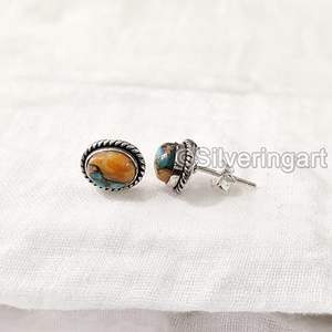 Boucles d'oreilles clous pour femmes, pierre précieuse turquoise cuivre naturelle, cadeau de Noël, bijoux faits à la main, boucles d'oreilles clous en argent sterling 925 - Product Image 5