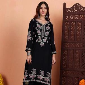 Vestido formal hasta la rodilla de rayón Kurti de primera calidad con patrón sólido bordado Lucknowi Chikan Handwork y Deco - Product Image 2