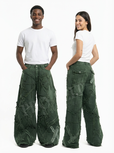 Pantalones Vaqueros Unisex Extra Grandes con Textura de Patchwork, Pierna Ancha, Estilo Urbano, Casual, Desgastados, OEM, ODM, Venta al por Mayor - Product Image 3
