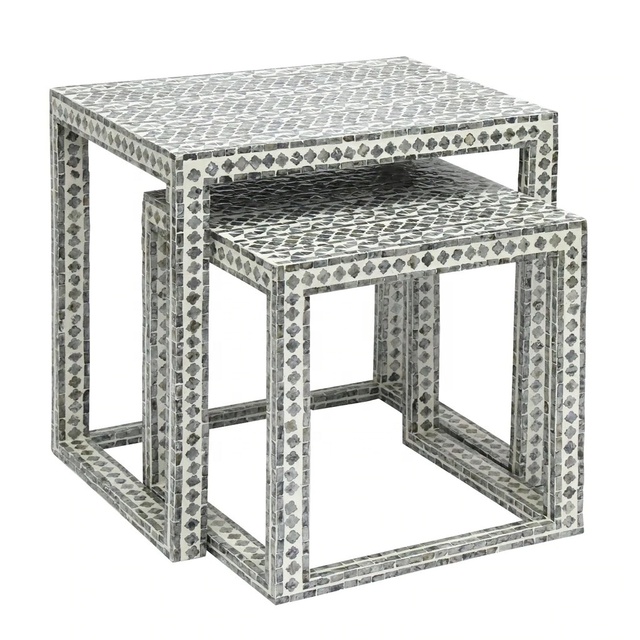 High Quality Wholesale Contemporary Square Mother of Pearl Nest Tables Set Capiz Inlay Accent Table for Home Furniture