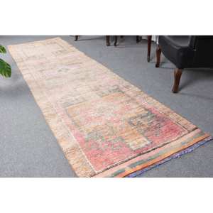 Tapis turc vintage de grande surface de 3.1x11,1 pieds, fait à la main, en laine beige rose, avec support rectangulaire abstrait pour décoration de couloir et de chambre - Product Image 1