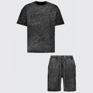 Offre Spéciale survêtement d'été pour hommes élégant coton lavé à l'acide Logo personnalisé respirant poids lourd deux pièces ensemble-t-shirt et short - Product Image 5