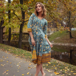 Robe en coton imprimé à la main Ikat bleu jaune Robe bohème mi-longue - Product Image 1