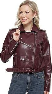 Veste en similicuir vegan pour femme, fermeture éclair, respirante, style motard, hiver, motif uni, aspect peau de mouton, polyester, devant - Product Image 5