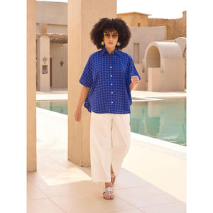 Ladies' <b>Linen</b> Plaid Poncho <b>Shirt</b> & Pant Set-Casual Office Two-Piece Loose Fit - Product Image 1