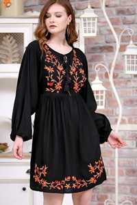 Recién llegado, Túnica para mujer, Tops de gran calidad, algodón negro, manga larga holgada, cuello en V, bordado, estilo dulce, teñido liso, Natural - Product Image 2