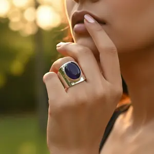 Bague en argent 925 de style bohème pour femmes, topaze bleue, coupe ovale, bijoux fins, plaqué rhodium, bague statement avec matériau en platine - Product Image 3