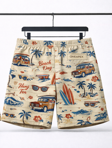 กางเกงชายหาดผู้ชายแบบสั่งทำพิเศษ – กางเกงขาสั้นลำลองพิมพ์ลายวินเทจเอวยางยืดพร้อมเชือกผูก (สีเบจ) - Product Image 3