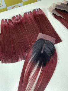 2024 Timehair Bourgogne BoneStraight Dentelle Fermeture Transparent 100% Densité Lisse Soyeux Remy Extensions de Cheveux Humains Trame Plate 8-40 - Product Image 2