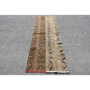 Vintage <b>Brown</b> Beige <b>Wool</b> Rug 2.7 X 7.8ft Classic Turkish Style Handmade Patchwork Design for Bedside Latex Backed - Product Image 1