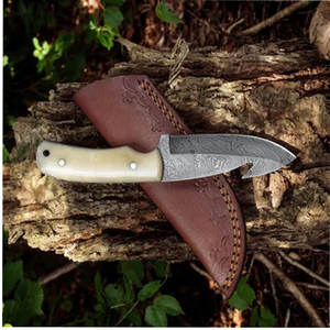 Hoja de Damasco personalizable, cuchillo de caza y acampada, mango de madera hecho a mano, soporte de grado OEM DIY con Funda de cuero de hueso - Product Image 5