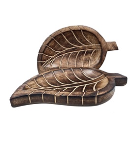 Juego de 2 bandejas decorativas de madera hechas a mano con diseño de hojas, plato de cocina, juego de Bandejas para servir, decoración de cocina para el hogar, ensaladas y postres - Product Image 1