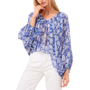 Camicetta da Donna Vince Camuto con Stampa Floreale Bohémien, Maniche a Palloncino, Logo Ricamato, in Popeline Chiffon Blu, Taglia XS, per Ufficio - Product Image 1