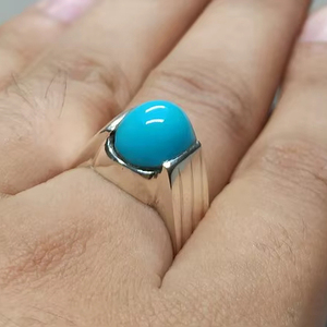 แหวนเงินสเตอร์ลิงประดับพลอยเทอร์ควอยซ์ทรงรี งานแฮนด์เมด หินเนชาปุรี ฟิโรซ่า ดีไซน์คลาสสิก - Product Image 1