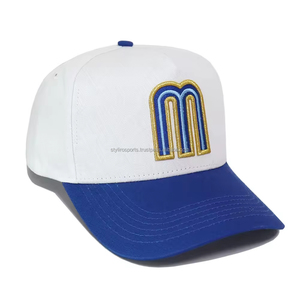 Custom Mexico 5 Panel a Frame Snap Back Hat Flag 3D M Embroidery Curved Bill Mexico Baseball Cotton <b>Cap</b> White Blue - Product Image 3