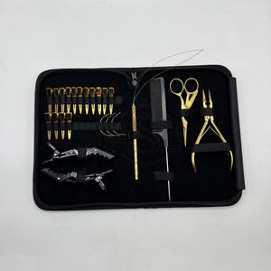 Kit d'outils d'extensions de cheveux attachés à la main ensemble de pinces à cheveux microbilles avec logo personnalisé en acier inoxydable plaqué or à deux trous - Product Image 6
