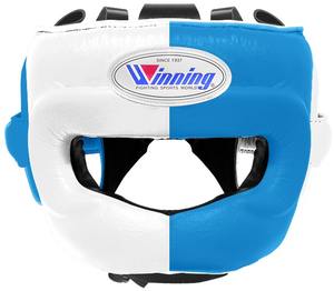 Casco de boxeo ganador de cara completa de cuero genuino blanco y azul cielo precio al por mayor casco de boxeo con barra de nariz equipo de protección - Product Image 1