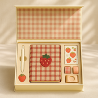 LABON Coffret cadeau de carnet Vichy fraise avec couverture en tissu Stylo journal Washi Tape Stickers et accessoires mignons