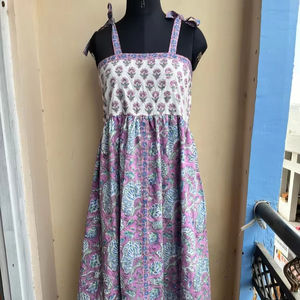 Hand Block Printed Indian Cotton Dress 100% Cotton Long Gown with Floral <b>Embroidered</b> Neckline Square Collar <b>Tunics</b> - Product Image 1