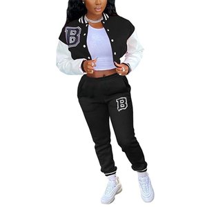 Women Black Varsity Jackets <b>Sets</b> in 100% Wool Patch Work Customized Made Stylish Wool Tracksuits For Women - Product Image 6