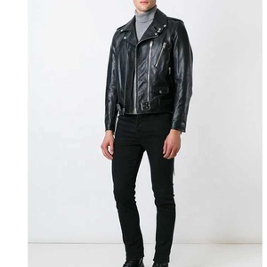 Chaqueta de motorista de cuero para hombre, chaqueta bomber de moda con cuello con capucha y cremallera frontal negra personalizada - Product Image 2
